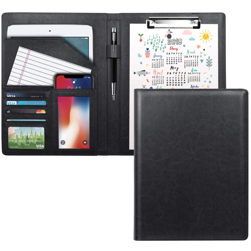 WAVEYU Business Portfolio Folder for Men Women, Padfolio Cover, Conference/Resume/Legal Document Organizer with Letter/A4 Size Clipboard Hardboard, Business Card Holders, Document Sleeve, Black - Image 1